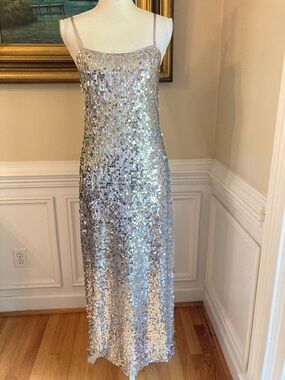 H&M Silver Sequin Cami Slip Midi Dress NWT